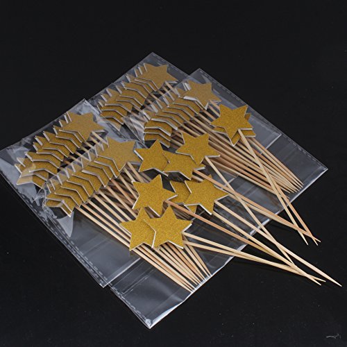 Zicome 50 Pack Double Sided Gold Glitter Cupcake Toppers Attached with Sticks for Baby Bridal Shower Birthday Party and Wedding (Star)