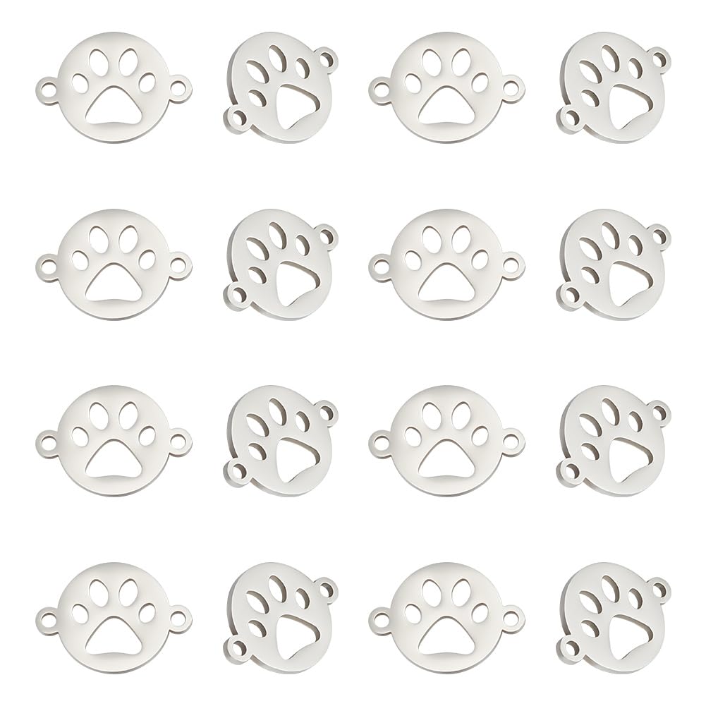 UNICRAFTALE 16 Pcs Stainless Steel Charm 12mm Diameter Flat Round Links Connector Dog Paw Print Necklace Bracelet Pendant Connector Hole 0.8mm for Jewelry Making