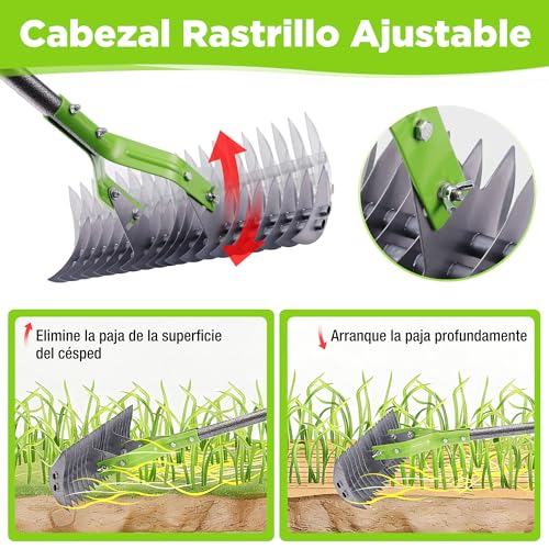 WORKPRO Lawn Scarifier Rake 178 cm, Dethatcher Heavy Duty Rake with Adjustable Head and Telescopic Handle, for Removing Dead Grass, Cutting Remains and Loosening the Soil | Heavy duty rakes with adjustable head to remove dead grass and clippings, loosen soil