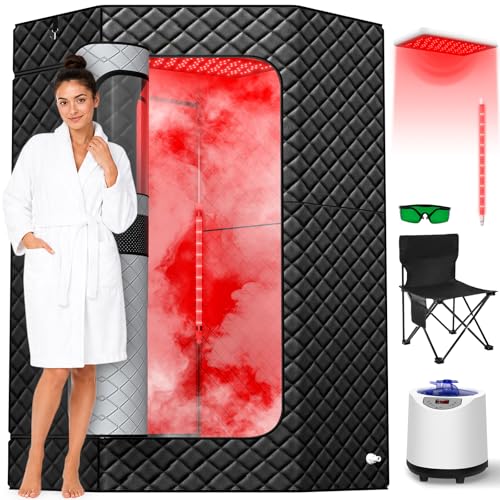 iTHERAU Portable Home Infra.red Sauna Box, 2-Panel Red Light Steam Sauna Tent, Personal Full Body Steam Room with Dual 660nm & 880nm Red Light Lamp, 3L 1200W Steamer, 15 Levels Heat, Folding Chair