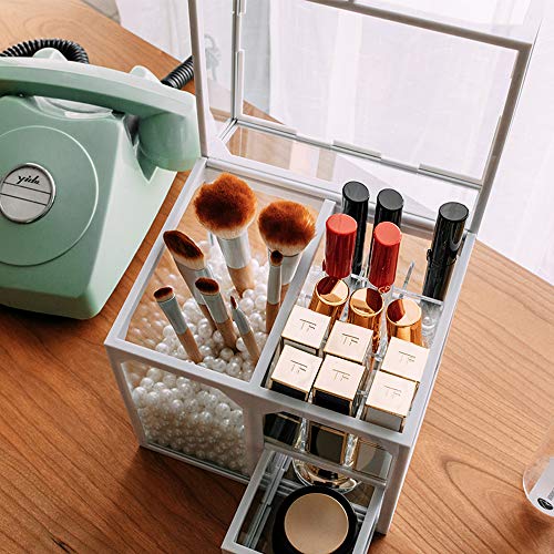 Makeup Brush Holder for Vanity, Flip lid with Dust Proof, Glass Makeup Organizer , Brushes and
