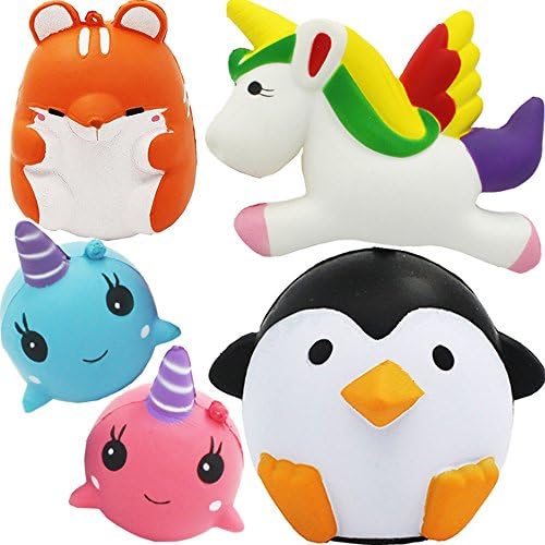 SILVIA 5 Pcs Jumbo Squishies Unicorn Pink Whale Blue Whale Penguin Hamster Slow Rising Kawaii Animal Squishies Cream Scented Stress Relief Toys Hand Pillow Toy For Kids and Adults