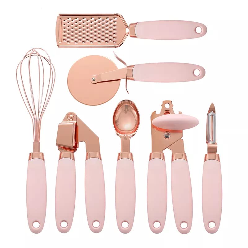 7 Piece Rose Gold Kitchen Utensil Set Easy to Clean Stainless Steel Cooking Tools Hanging Hooks for Storage Soft Touch Handles Heat Resistant Non-Stick Pink
