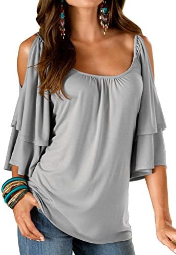KABUEE Women's Summer Cold Shoulder Ruffle Sleeve Loose Tunic Tops Casual Shirt Blouse (M, Light Grey)