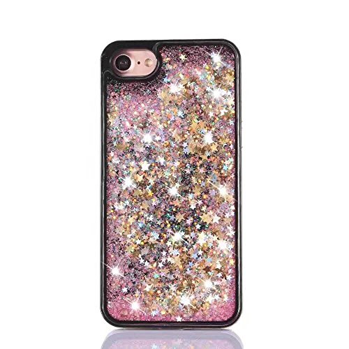 iPhone 7 case,ilovecase Liquid Cool Quicksand Moving Stars Bling Glitter Floating Dynamic Flowing Case Liquid Cover for iphone 7 4.7inch-Pink/gold