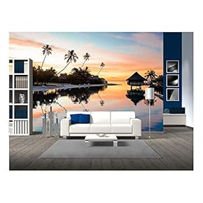 Tropical Sunset at Moorea, French Polynesia - Removable Wall Mural | Self-Adhesive Large Wallpaper - 66x96 inches