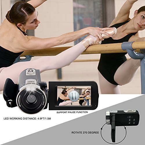 Camcorder Video Camera Full HD 24.0MP Camcorders Digital Camera 1080p 3.0’’ Rotatable LCD for Vlogging Webcam Pause Function Dual LED Lights