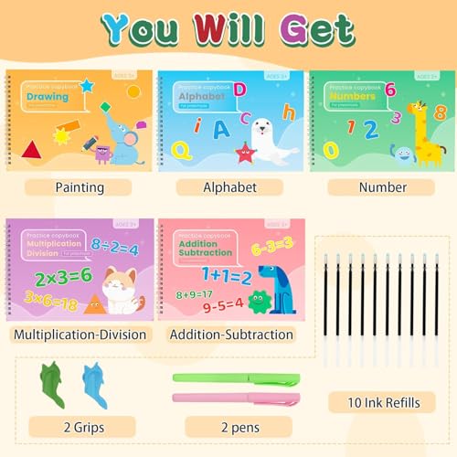 Large Grooved Handwriting Practice Books, 5-Pack Reusable Magic Copybooks with Pencil Grips, Tracing Books for Kids Ages 3-8, Preschool Kindergarten Learning Activities, Alphabet and Number Workbook