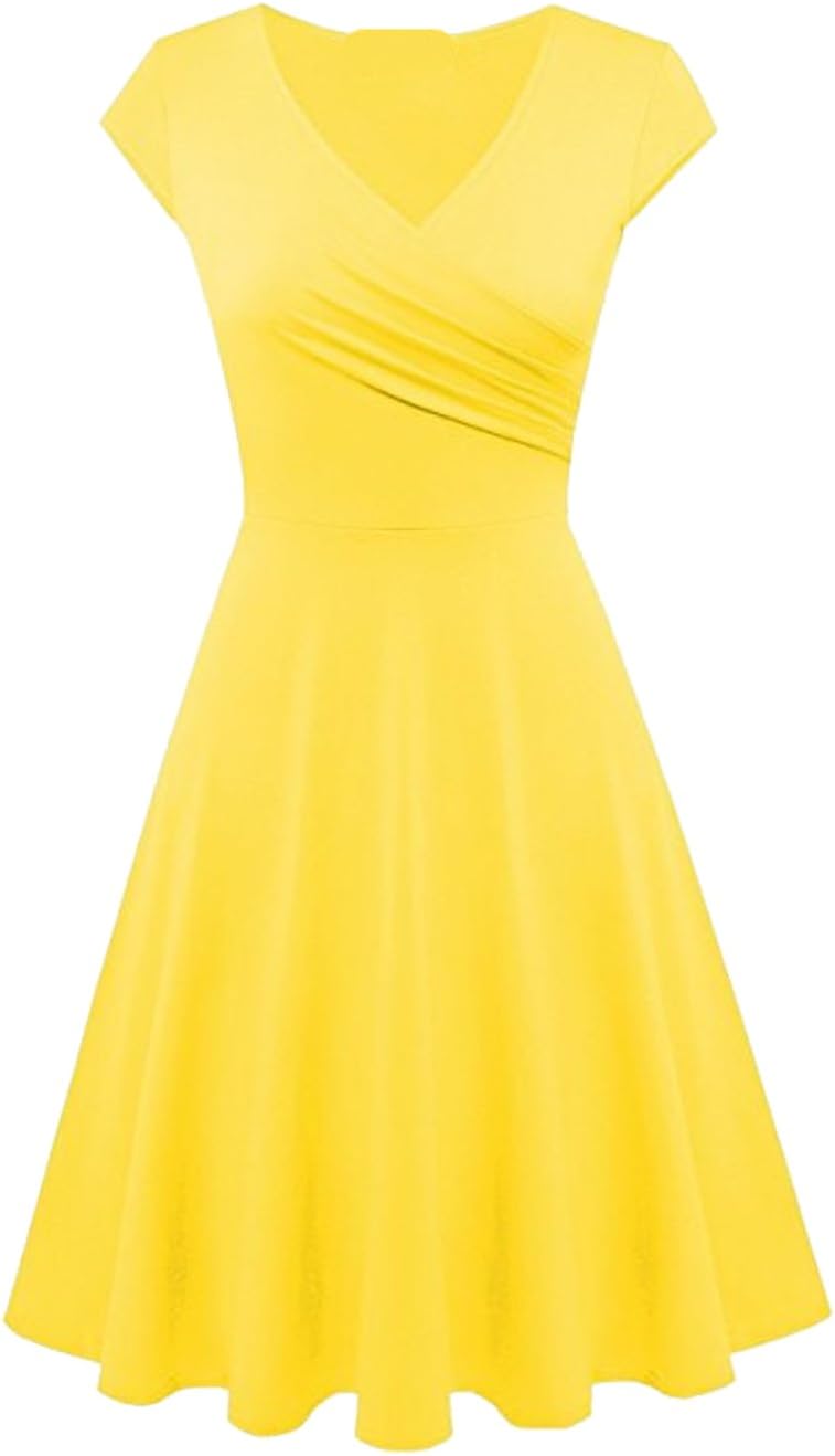 Women's Casual Short Sleeve V-Neck Plain Floral Wrap A-Line Midi Dress - Yellow - X-Small
