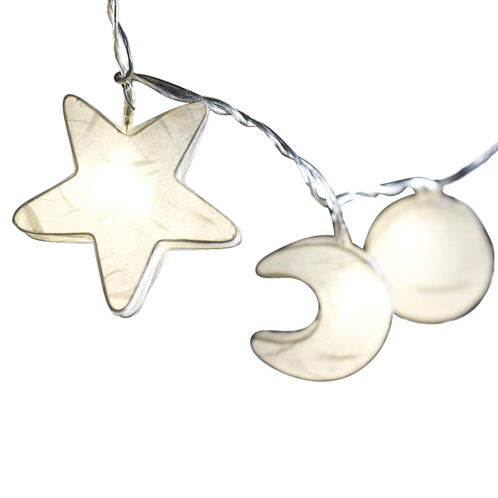 Blaze On Star, Sun and Moon Fairy Lights (White) – 20 Warm White LED Lights – Handcrafted 3D Shapes from Hand-Screened Mulberry Paper – USB Powered and Includes UK 3–Pin USB Adapter