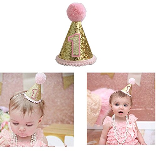 Gold glitter sparkle princess 1st birthday cone hat wit…