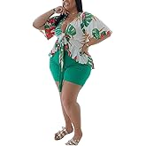 Plus Size 2 Piece Outfits for Women Summer Boho Ruffle Crop Top Shorts Set Floral Print Beach Cover Up