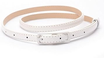 Women Faux Leather Narrow Skinny Thin Waist Belt Buckle Strap Waistband size 35.43" - 43.31" (White)