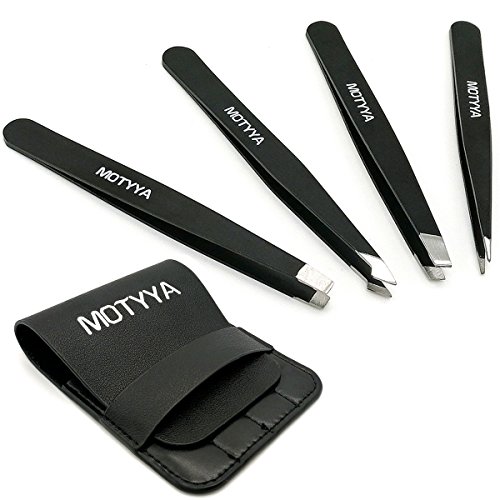 Motyya Eyebrow Tweezers Set 4-Piece Professional Stainless Steel Slant Tip and Pointed Tweezer. Best Precision for Eyebrows Plucking, Splinter Ingrown Hair Remover, Blackhead and Eyelash Extensions