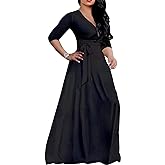 LightlyKiss Plus-Size Maxi Dresses for Women African Summer 3/4 Sleeves Beach Sundress with Pockets