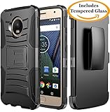 Moto G5 Plus Case, Moto G Plus 5th Generation Case, JATEM [Belt Clip] Rugged Hybrid Dual Layer Kickstand Holster Combo + Tempered Glass Screen Protector and Stylus Pen (Black/Black)