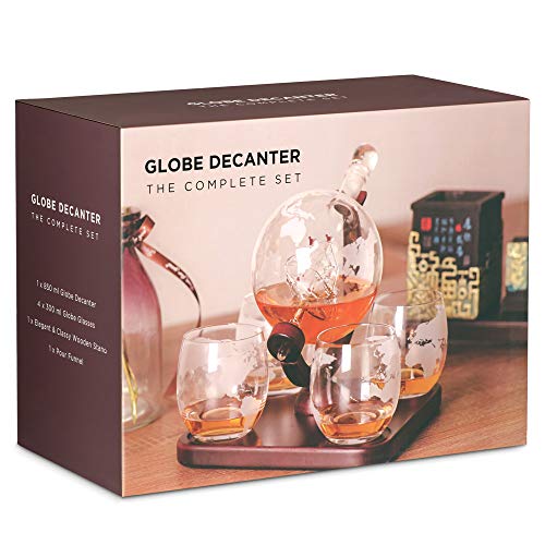 Maverton Whisky Karaffe mit Gravur - Globus mit Schiff, 850 ml - 4er Whiskygläser Set - Whisky Dekanter - Personalisiert… – Bild 6