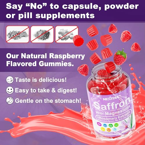 Happy Saffron Supplements Gummies - 4 Months Supply -Saffron Extract 177mg 88.5mg, w/ Magnesium Glycinate 400mg 200mg, Rhodiola, Rosemary, Vitamin D, B6 B12 for Rest, Mood, Calm, Focus, Sugar-Free