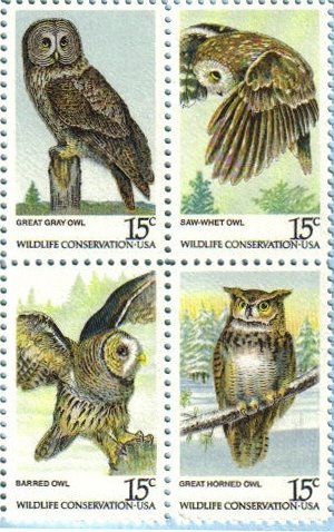 AMERICAN OWLS ~ BIRDS OF PREY ~ GREAT GREY OWL, SAW-WHET OWL, BARRED OWL, GREAT HORNED OWL #1763a Block of 4 x 15 US Postage Stamps