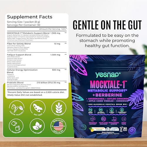 Yesnap MOCKTALE-1 GLP-1 Metabolic Support Supplement,Weight Management Formula with Berberine & Akkermansia,Ceylon Cinnamon,Lemon Mint Flavor Non-Alcoholic Drink,30 Packets