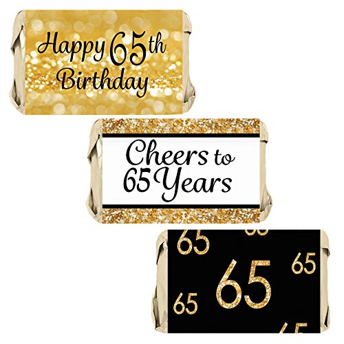 DISTINCTIVS Black and Gold 65th Birthday Party Mini Candy Bar Wrappers - 45 Stickers