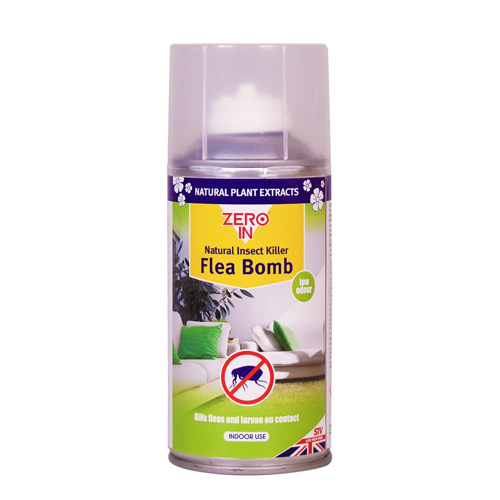 Zero In Natural Insect Killer Flea Bomb - 150 ml One Shot Aerosol. Treatment Controls Fleas & Larvae in the Home, Prevent Reinfestations. Ready-To-Use. Rapid-Acton. Treats Carpets & Soft Furnishings