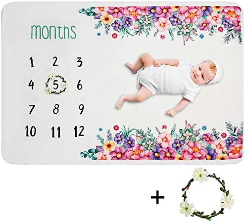 Dreamsoule 40" X 60" Premium Fleece Monthly Baby Milestone Blanket, Photo Prop Blankets Backdrop, Infant Newborn Baby Swaddling Shower Gifts, Watch me Grow Blanket (Flower)