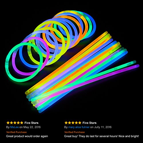 100 Count Bulk Assorted Glow Sticks in 5 Vibrant Shades (Pink, Green, Blue, Yellow, Orange), 8 Inches | Last 8 - 10 Hours | Safe, Non Toxic, Waterproof   Bracelets Party Pack by PartySticks