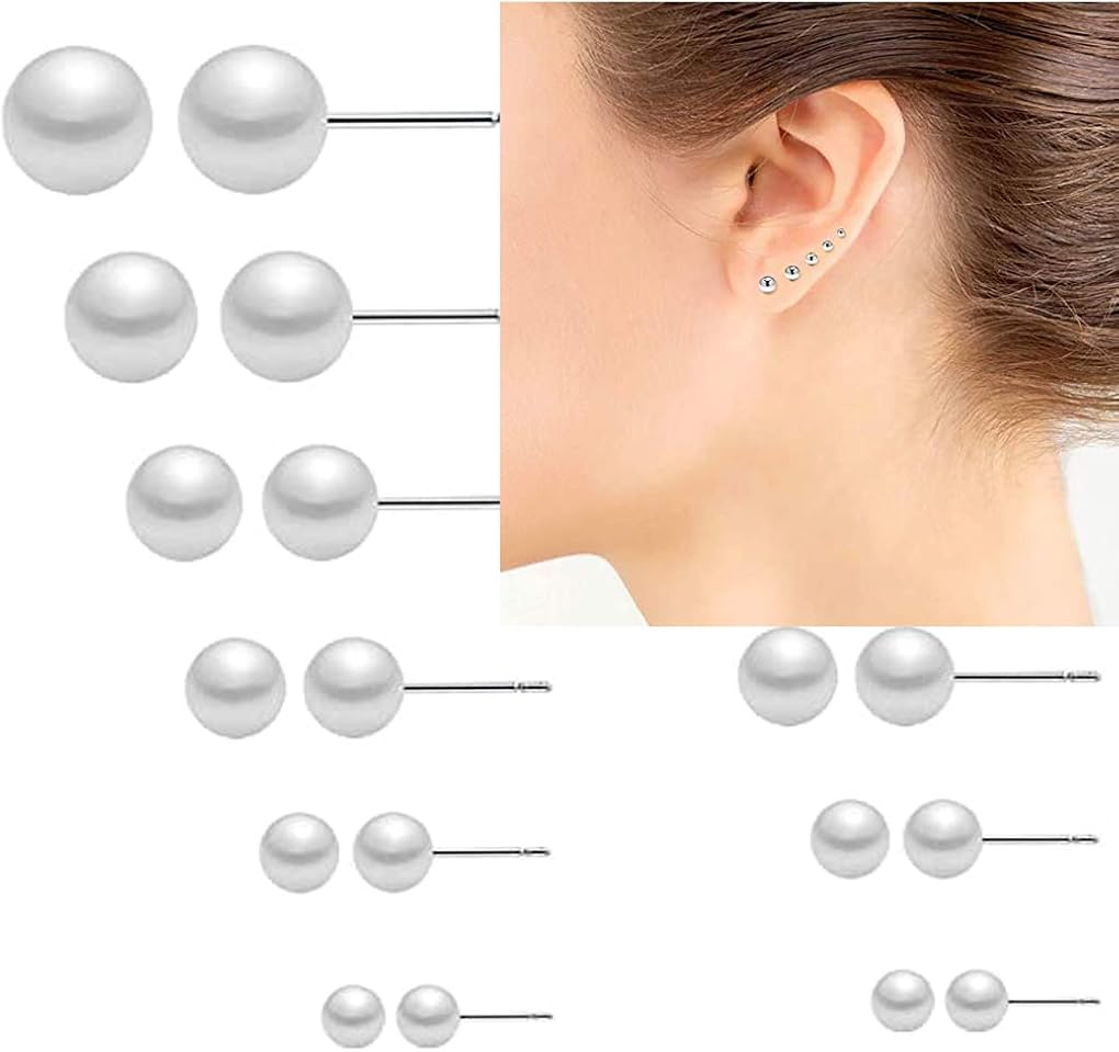 SUNSCSC 12 Pairs Pearl Stud Earrings Set for Women Girls Faux Pearl Earrings Pack Graduated Bead Round