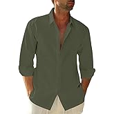 JEKAOYI Button Down Linen Shirts for Men Casual Long Sleeve Regular Fit Cotton Beach Shirts with Pocket