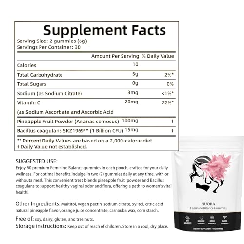 nuora Feminine Balance Gummies for Women’s,Premium Feminine Balance Gummies， Vegan Hawaiian Pineapple, pH Balance, Healthy Odor, Flora and Immune Support, Vaginal Health Support,60 Gummies