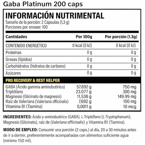 Gaba Platinum | Fórmula 4 En 1 | Gaba 750mg, Triptofano, Magnesio, Valeriana y Vit B1 | Apoyo a tu Rutina de Descanso | Testrol TSN 200 Cápsulas.