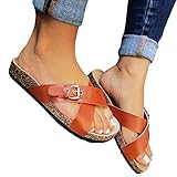 Ermonn Womens Open Toe Strappy Buckle Cork Sole Footbed Slide Sandals
