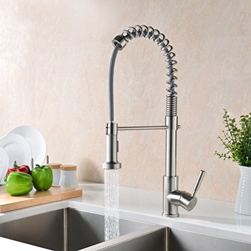 GICASA Upgraded Version Solid Brass Commercial Style Single Handle Pull Out Sprayer Kitchen faucet, Brushed Nickel Stainless Steel Pull Down Kitchen Sink Faucets - Thumbnail 2