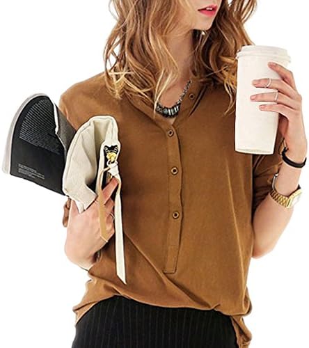 GEANBAYE Women's Long Sleeves V-Neck Button Closure Casual Solid Shirt