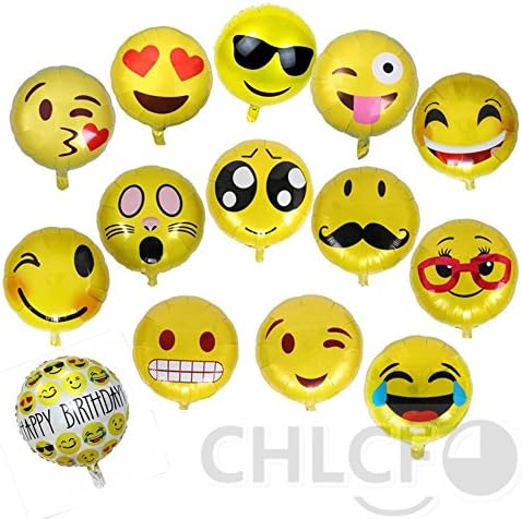18" Party Emoji Mylar Balloon Bright Yellow Color 18 inch Smiley Face Latex Balloons for Party, Birthday or Holiday Decoration (14PCS Different Printed emoji Balloon)