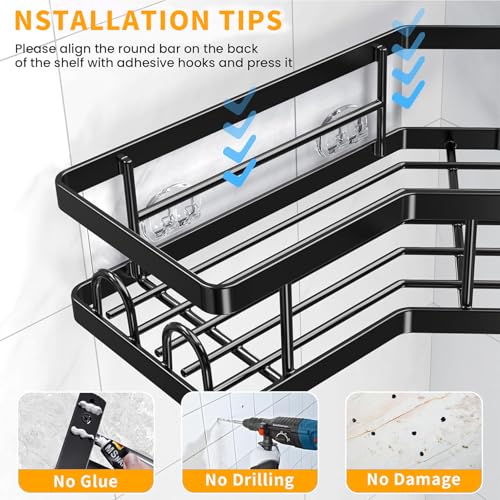 Yoawllty Bathroom Organizer, 2 Pack Corner Shower Caddy, Adhesive Shower Corner Organizer Shelves, No Drilling Stainless Steel Shower Storage Rack with Hooks,Toothbrush Holder,Soap Holder for Bathroom