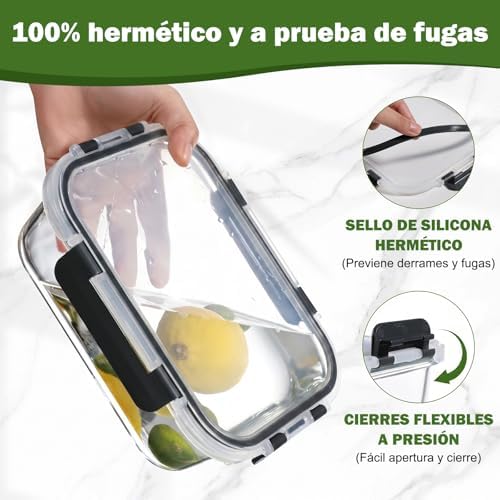 Paquete de 5 recipientes de vidrio con tapas, 1040 ml, gruesos y duraderos, recipientes de vidrio apilables herméticos para preparación de comidas, almacenamiento de alimentos sin BPA, Negro