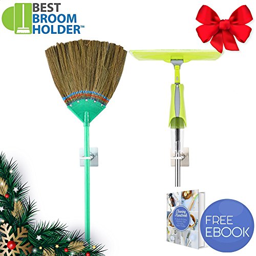 Click Here to See More Images CHRISTMAS GIFT 2 pcs Adhesive C Shape Mop Broom Holder Rack Kitchen Organizer Garage Storage Wall Mount with 11 lbs Max Load | Non slide Easy Installation with Adhesive and E-book Included