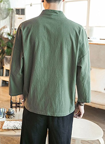 Plaid&Plain Men's Vintage Kimono Cardigan Casual Linen Pocket Cardigan Coat Green M