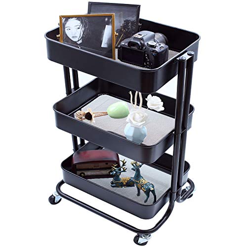 Ovicar 3-Tier Metal Rolling Utility Carts, Heavy-Duty Storage Shelves, Trolley Organizer with Handles and Wheels for Office Home Kitchen Bathroom Organization, Black
