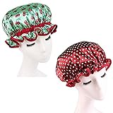 G2PLUS Shower Cap for Women, Waterproof Bath Cap, Elastic Band, Double Layer, Pack of 2 (Green Cherry & Polka Dot)