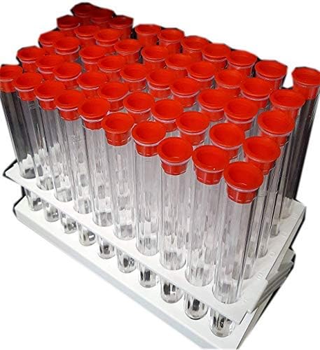 50 x Clear Test Tubes 20 ml Vol, with Red Plug Caps and White Tray
