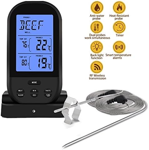 Wireless Remote Dual Probe Meat Thermometer Instant Read Timer Thermometer with LCD Screen Stainless Steel Temperature Probe for Cooking Grilling Oven BBQ (Black)