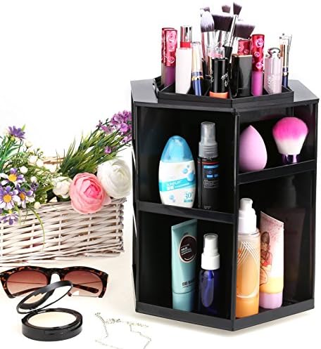 FDegage Makeup Organizer Box 360 Rotating Adjustable Cosmetics Storage Case Large Capacity Make Up Holder (02 Black)