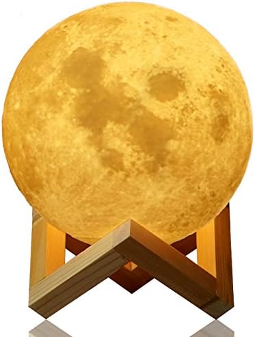 Large Moon Lamp Lighting Night LED 3D Globe Printing Warm Cool White Dimmable Touch Control Brightness USB Charging Rechargeable Home Decorative for Baby Kids Gift Wooden Stand 15cm 5.9Inch