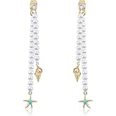 Long Dangle Starfish Pearl Earrings for Women Bohemian Gold Conch Seashell Pendant Earrings Boho Drop Sea Life Shell Statement Earrings Hawaiian Summer Beach Vacation Ocean Jewelry Gifts for Her