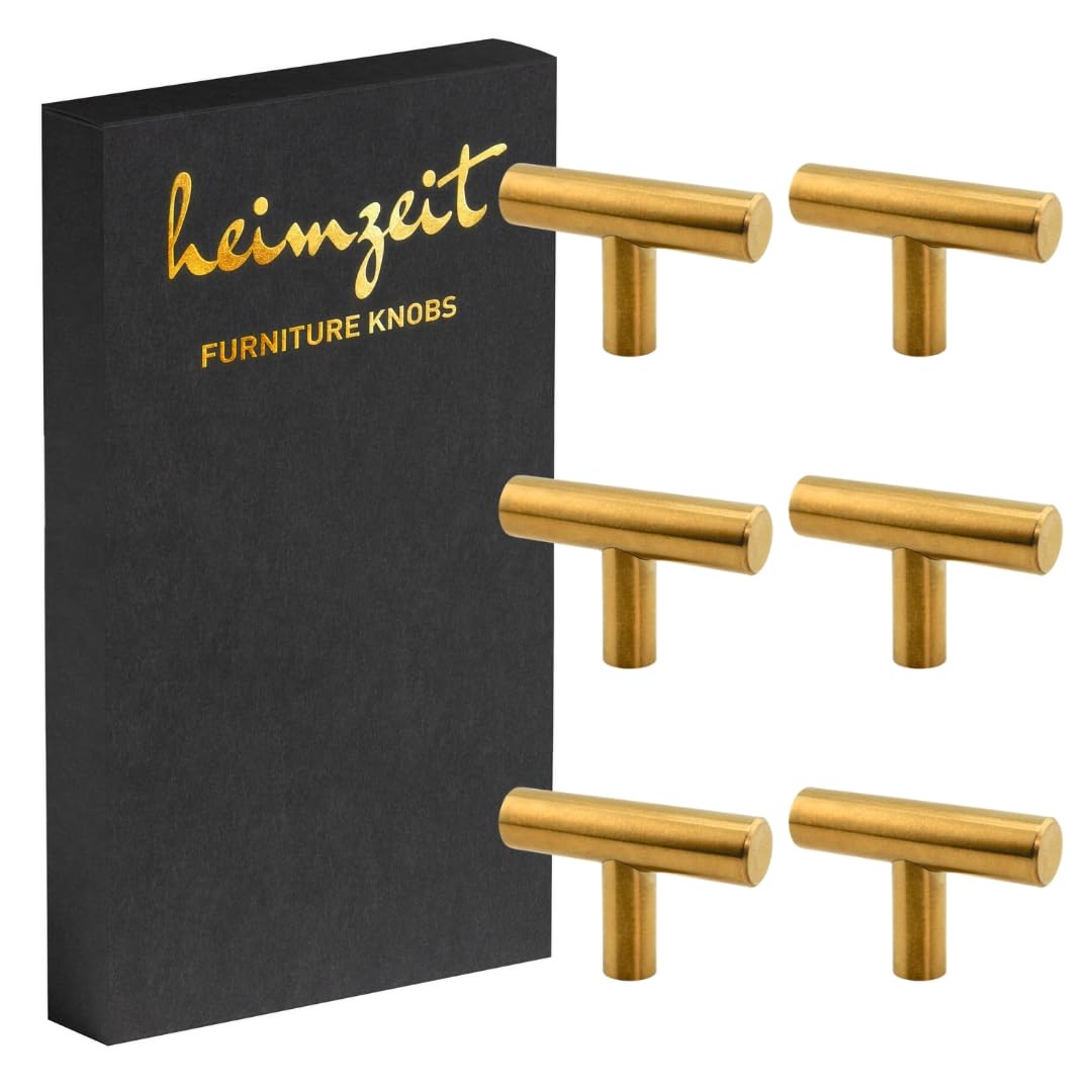 heimzeit Cabinet Knobs Bar for Doors, Drawers, and Dressers Made of Stainless Steel [6 Pieces, T-Shape] Color: Gold, Stylish Design, Furniture Knobs with Single Hole Grip and Screws
