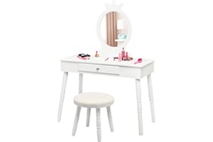 KOTEK Kids Vanity with Mirror and Stool, 2 in 1 Wooden Princess Makeup Dressing Table Set w/Solid Wooden Legs/Crown Mirror/Detachable Top/Storage Drawer, Pretend Play Vanity Table Set for Girl (White)