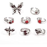 Gothic Vintage Rings for Women Red Kuncle Ring Set Silver Punk Goth Butterfly Cross Heart Y2K Rings Adjustable Opening Crystal Stackable Statement Ring Halloween Jewelry